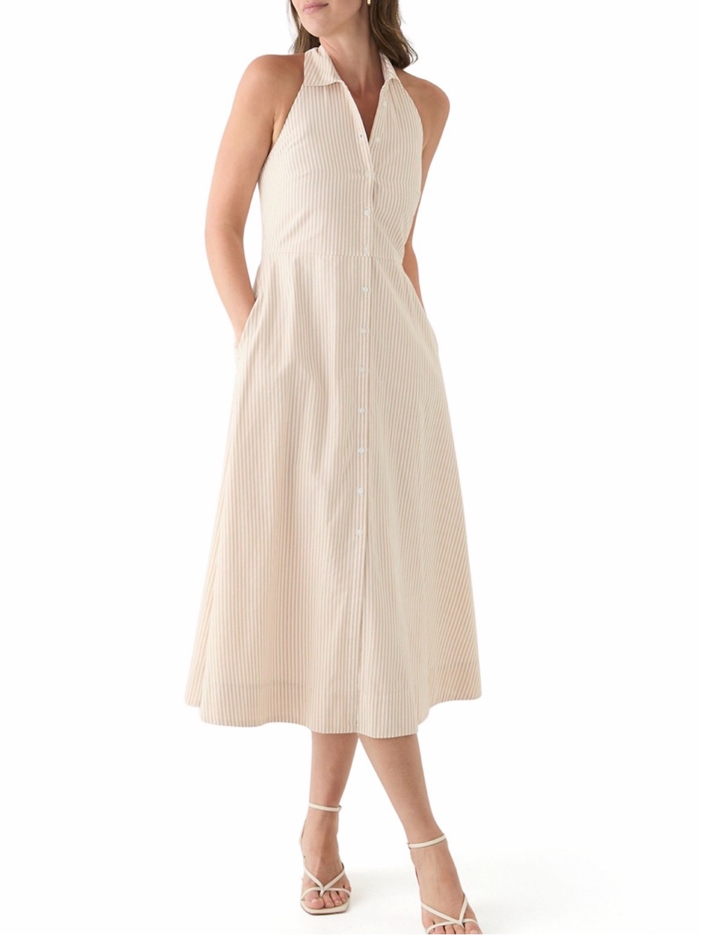 crown & ivy Cream Pinstripe Halter Button-Front Midi Dress